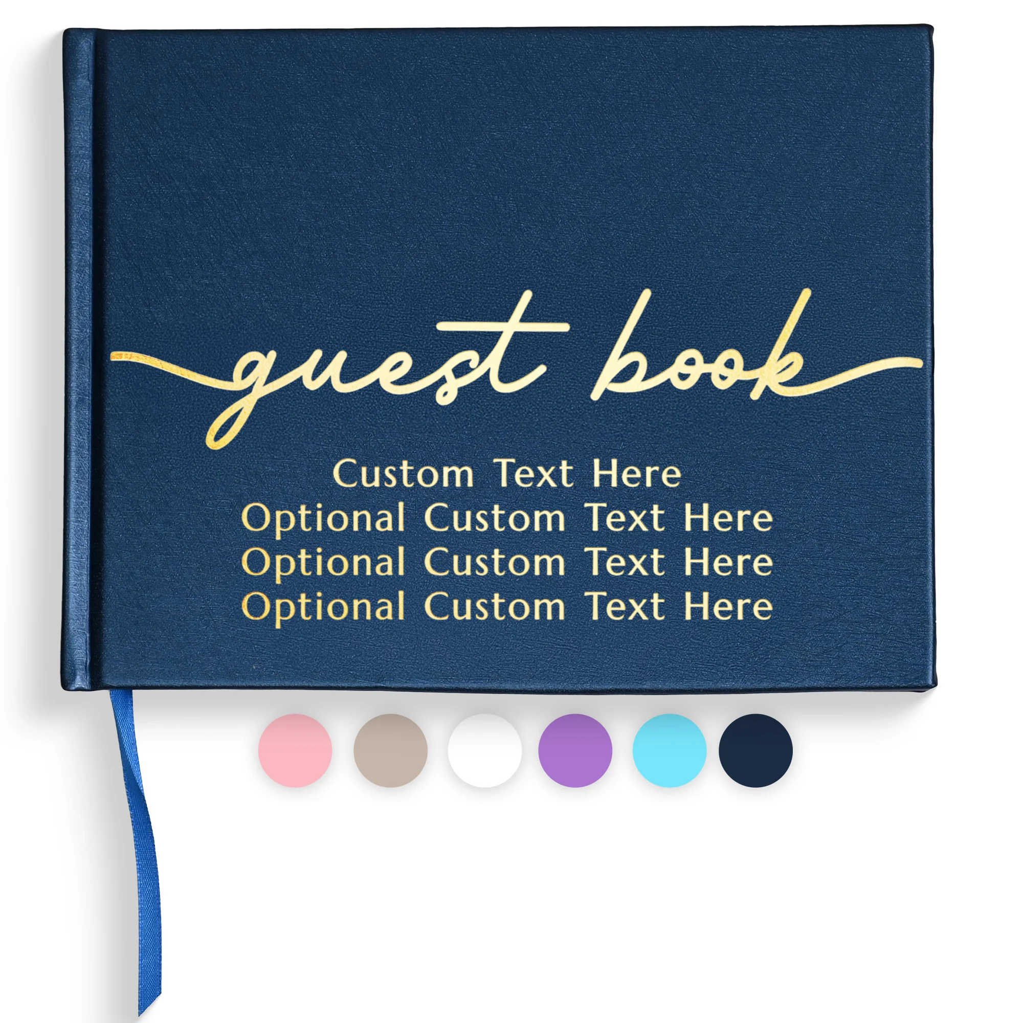 Navy blue vegan leather guest book with a smooth textured cover featuring gold script text “guest book” and customizable lines “Custom Text Here Optional Custom Text Here Optional Custom Text Here Optional Custom Text Here.” This all occasion guestbook in